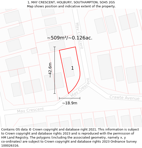 1, MAY CRESCENT, HOLBURY, SOUTHAMPTON, SO45 2GS: Plot and title map