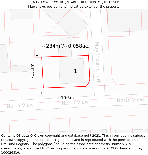 1, MAYFLOWER COURT, STAPLE HILL, BRISTOL, BS16 5FD: Plot and title map