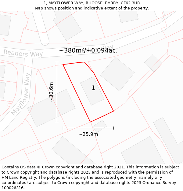 1, MAYFLOWER WAY, RHOOSE, BARRY, CF62 3HR: Plot and title map