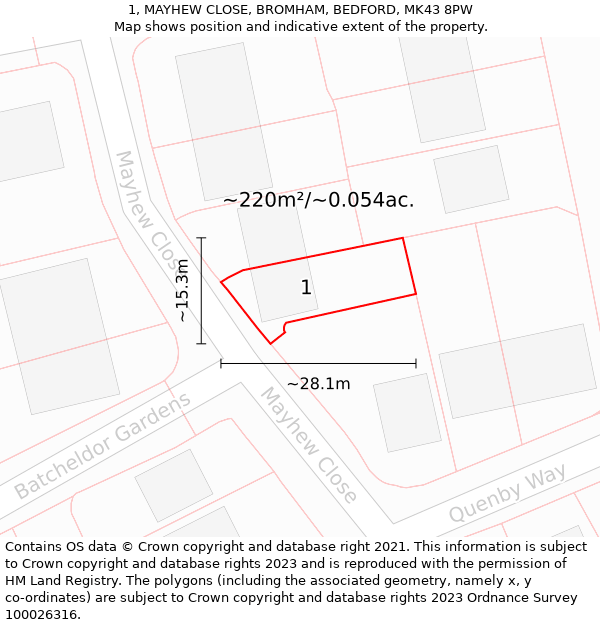 1, MAYHEW CLOSE, BROMHAM, BEDFORD, MK43 8PW: Plot and title map