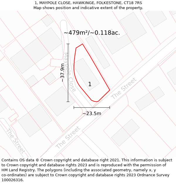 1, MAYPOLE CLOSE, HAWKINGE, FOLKESTONE, CT18 7RS: Plot and title map