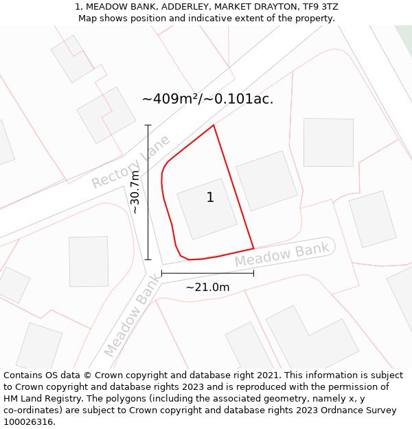 1, MEADOW BANK, ADDERLEY, MARKET DRAYTON, TF9 3TZ: Plot and title map