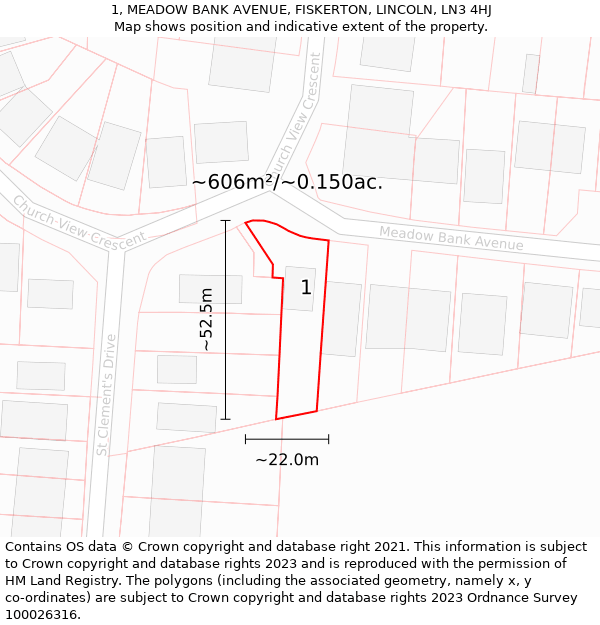 1, MEADOW BANK AVENUE, FISKERTON, LINCOLN, LN3 4HJ: Plot and title map