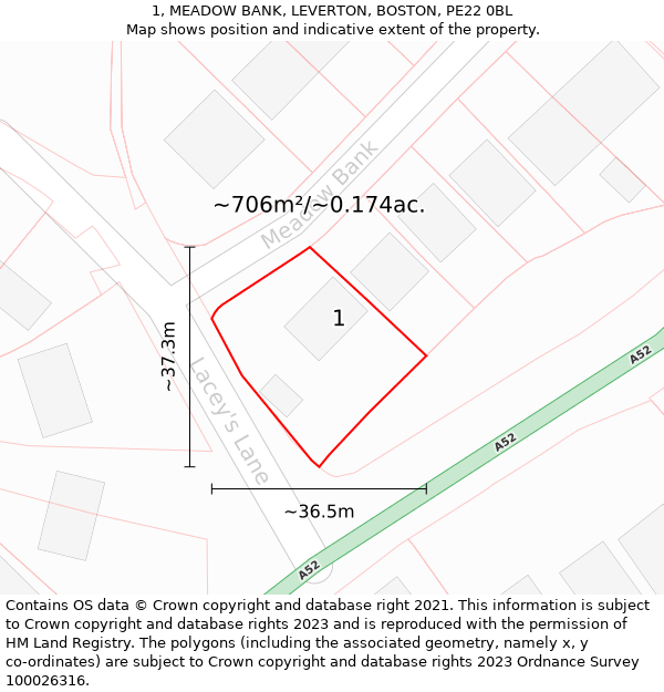 1, MEADOW BANK, LEVERTON, BOSTON, PE22 0BL: Plot and title map