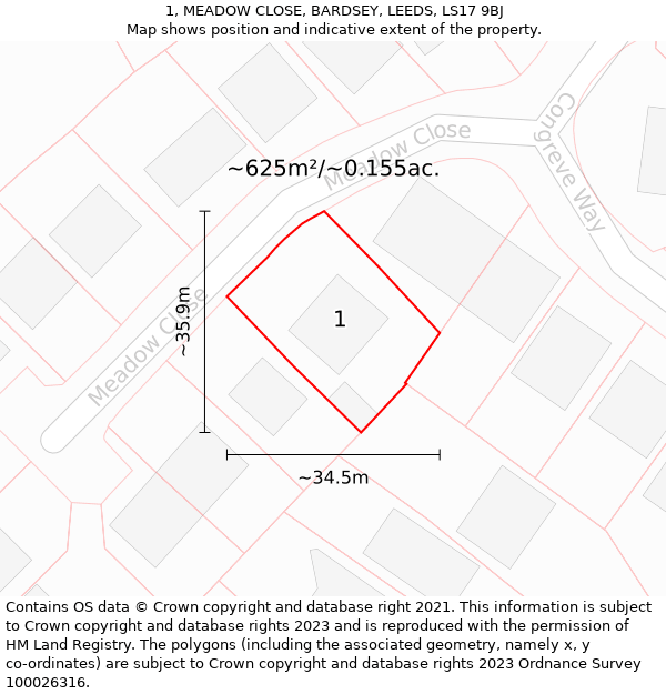 1, MEADOW CLOSE, BARDSEY, LEEDS, LS17 9BJ: Plot and title map