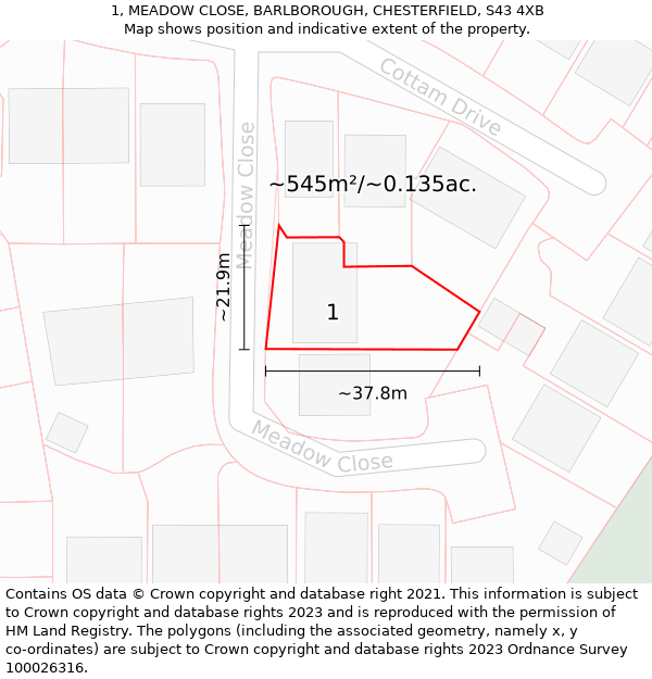 1, MEADOW CLOSE, BARLBOROUGH, CHESTERFIELD, S43 4XB: Plot and title map