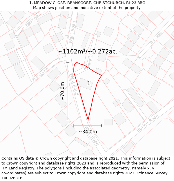 1, MEADOW CLOSE, BRANSGORE, CHRISTCHURCH, BH23 8BG: Plot and title map