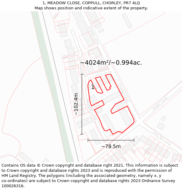 1, MEADOW CLOSE, COPPULL, CHORLEY, PR7 4LQ: Plot and title map