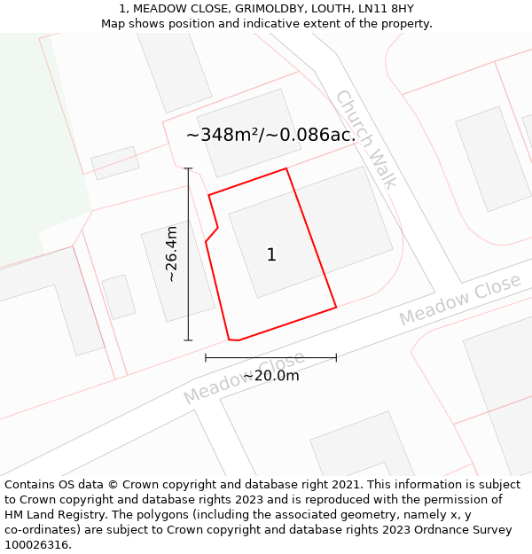 1, MEADOW CLOSE, GRIMOLDBY, LOUTH, LN11 8HY: Plot and title map