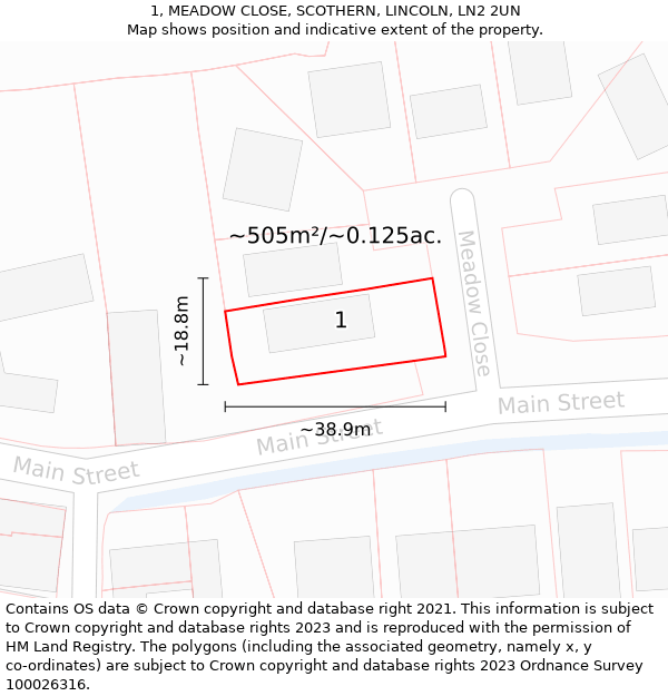 1, MEADOW CLOSE, SCOTHERN, LINCOLN, LN2 2UN: Plot and title map