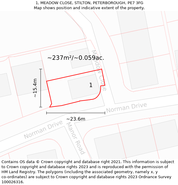 1, MEADOW CLOSE, STILTON, PETERBOROUGH, PE7 3FG: Plot and title map