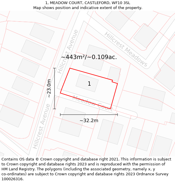 1, MEADOW COURT, CASTLEFORD, WF10 3SL: Plot and title map