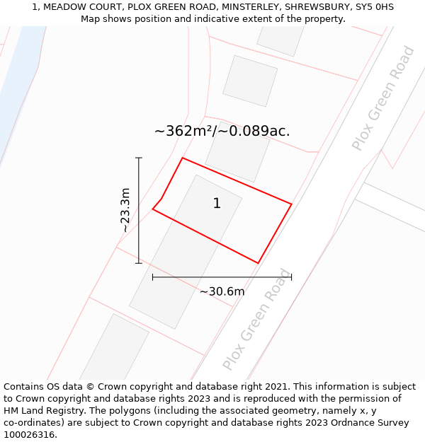 1, MEADOW COURT, PLOX GREEN ROAD, MINSTERLEY, SHREWSBURY, SY5 0HS: Plot and title map