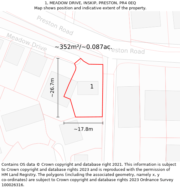 1, MEADOW DRIVE, INSKIP, PRESTON, PR4 0EQ: Plot and title map