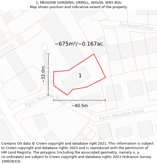 1, MEADOW GARDENS, ORRELL, WIGAN, WN5 8DU: Plot and title map