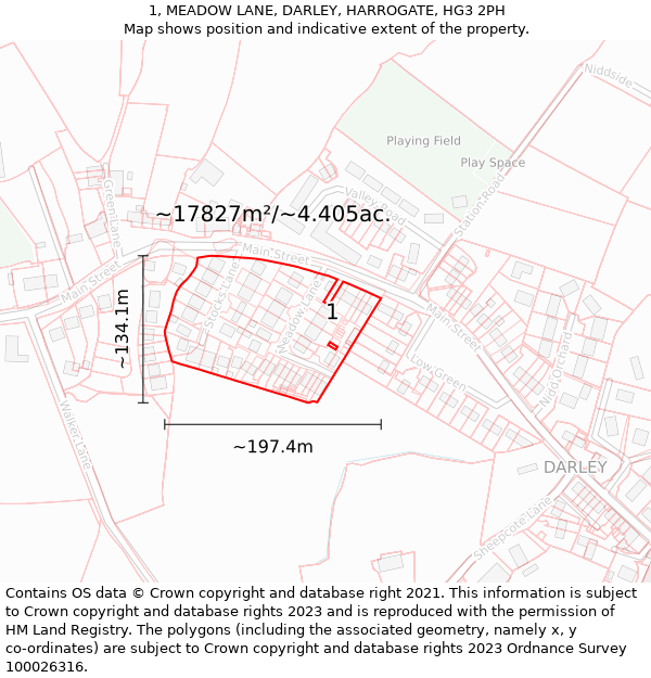 1, MEADOW LANE, DARLEY, HARROGATE, HG3 2PH: Plot and title map