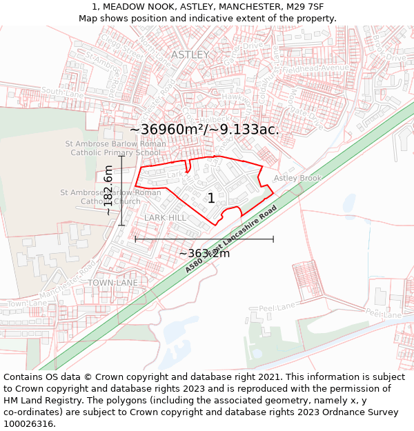 1, MEADOW NOOK, ASTLEY, MANCHESTER, M29 7SF: Plot and title map