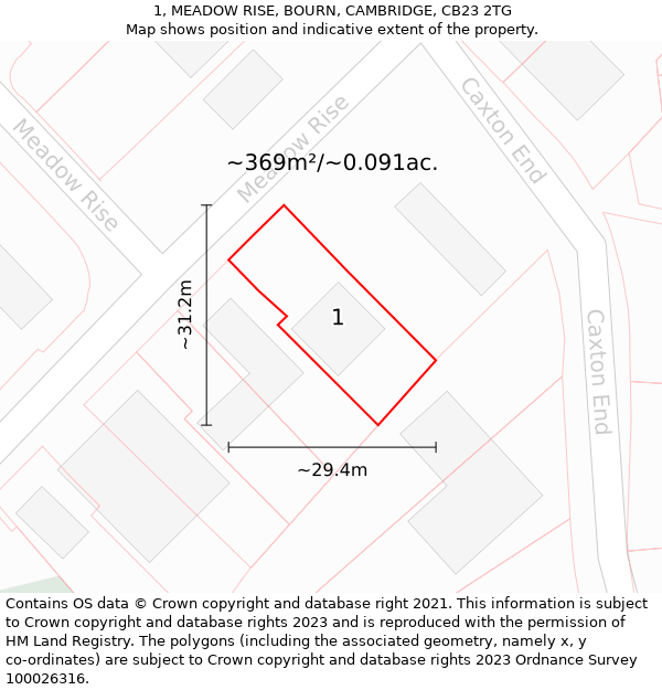 1, MEADOW RISE, BOURN, CAMBRIDGE, CB23 2TG: Plot and title map