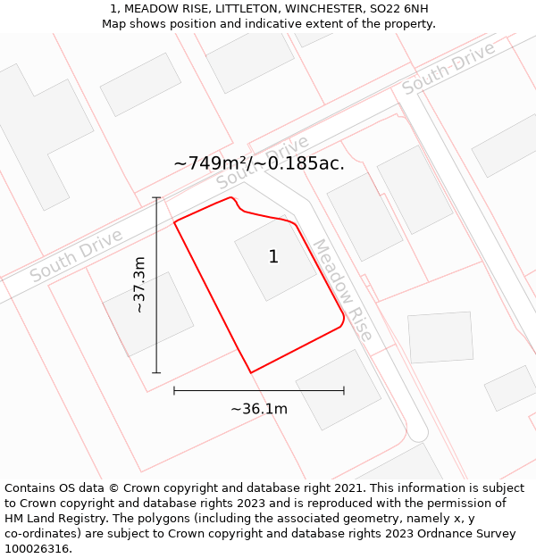 1, MEADOW RISE, LITTLETON, WINCHESTER, SO22 6NH: Plot and title map