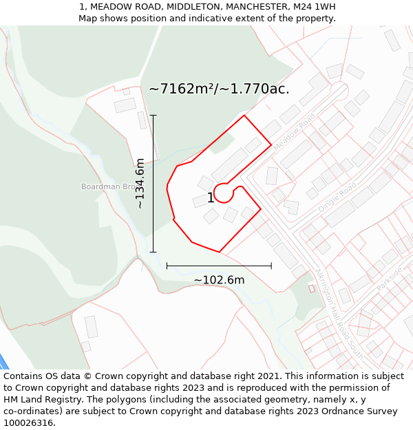 1, MEADOW ROAD, MIDDLETON, MANCHESTER, M24 1WH: Plot and title map