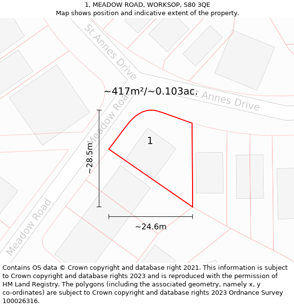 1, MEADOW ROAD, WORKSOP, S80 3QE: Plot and title map