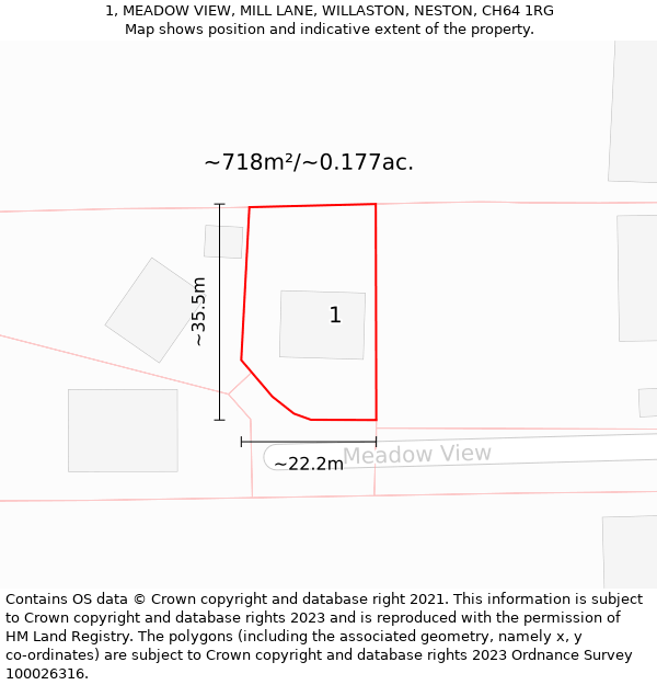 1, MEADOW VIEW, MILL LANE, WILLASTON, NESTON, CH64 1RG: Plot and title map