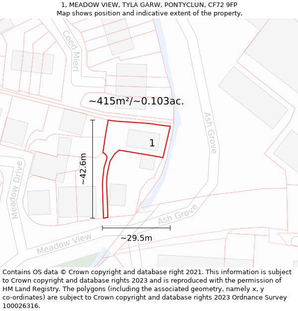 1, MEADOW VIEW, TYLA GARW, PONTYCLUN, CF72 9FP: Plot and title map