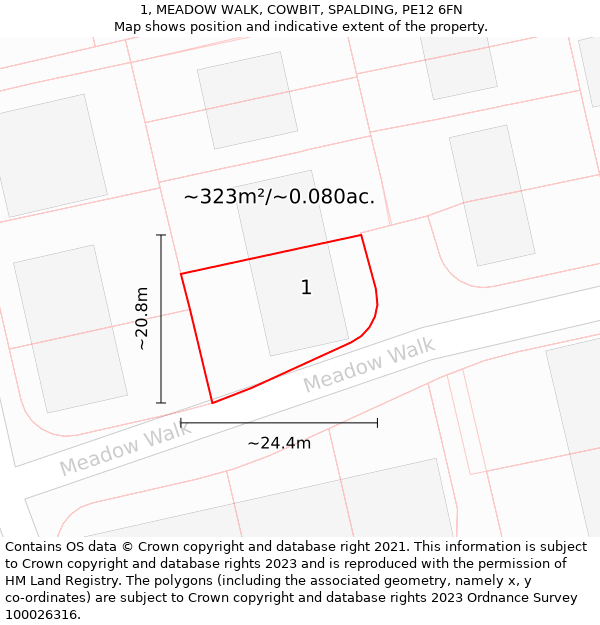 1, MEADOW WALK, COWBIT, SPALDING, PE12 6FN: Plot and title map