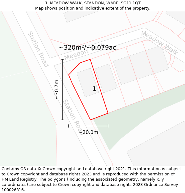 1, MEADOW WALK, STANDON, WARE, SG11 1QT: Plot and title map