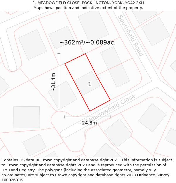 1, MEADOWFIELD CLOSE, POCKLINGTON, YORK, YO42 2XH: Plot and title map