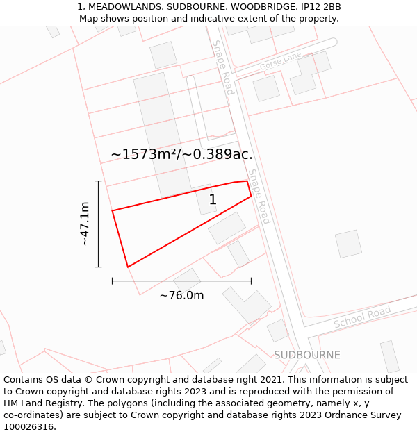 1, MEADOWLANDS, SUDBOURNE, WOODBRIDGE, IP12 2BB: Plot and title map