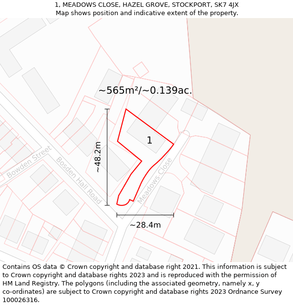 1, MEADOWS CLOSE, HAZEL GROVE, STOCKPORT, SK7 4JX: Plot and title map