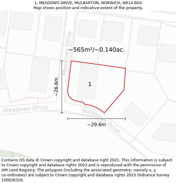 1, MEADOWS DRIVE, MULBARTON, NORWICH, NR14 8GX: Plot and title map