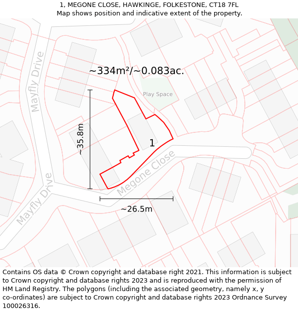 1, MEGONE CLOSE, HAWKINGE, FOLKESTONE, CT18 7FL: Plot and title map