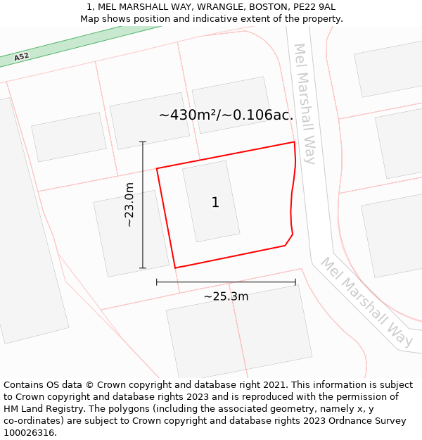 1, MEL MARSHALL WAY, WRANGLE, BOSTON, PE22 9AL: Plot and title map