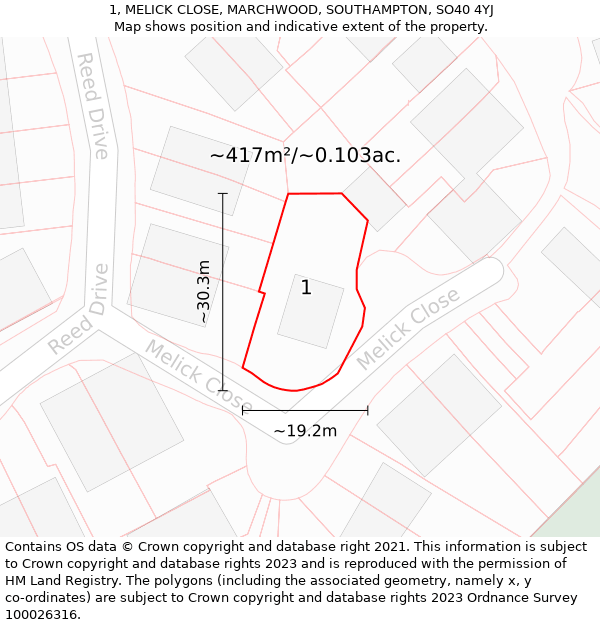 1, MELICK CLOSE, MARCHWOOD, SOUTHAMPTON, SO40 4YJ: Plot and title map