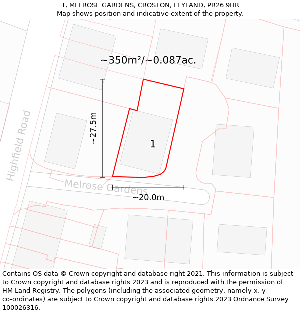 1, MELROSE GARDENS, CROSTON, LEYLAND, PR26 9HR: Plot and title map