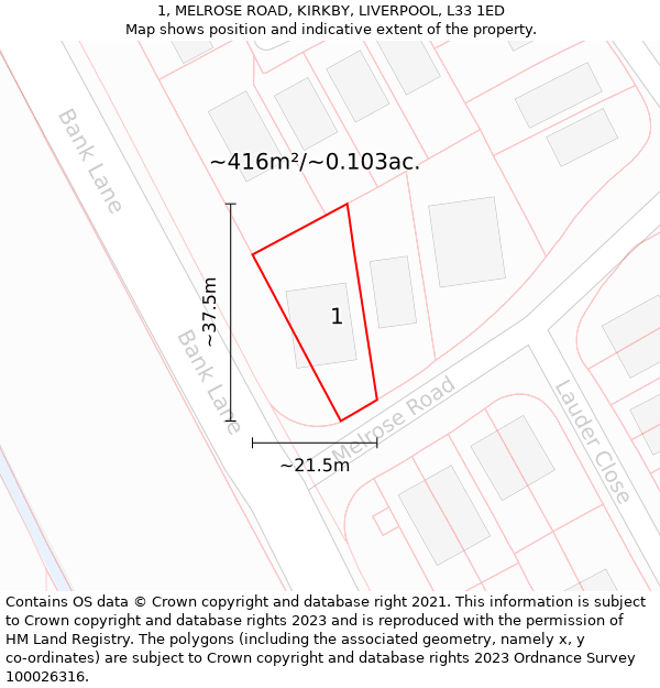 1, MELROSE ROAD, KIRKBY, LIVERPOOL, L33 1ED: Plot and title map