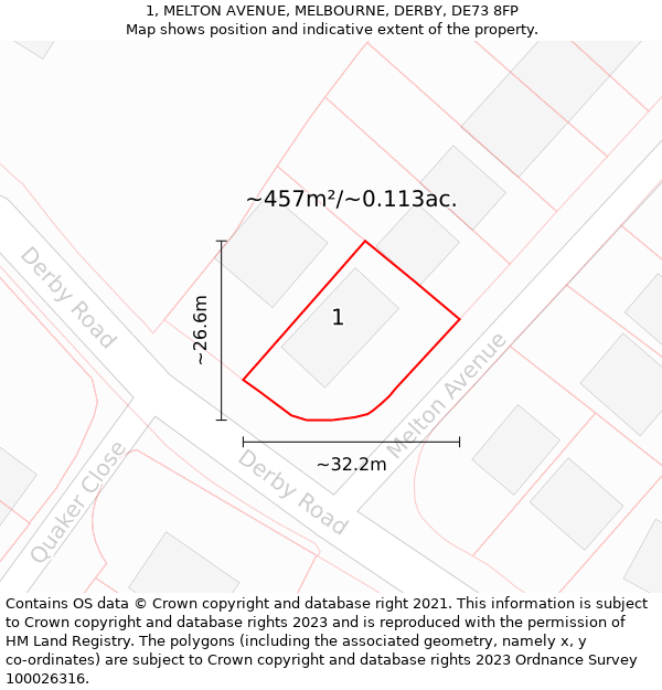 1, MELTON AVENUE, MELBOURNE, DERBY, DE73 8FP: Plot and title map