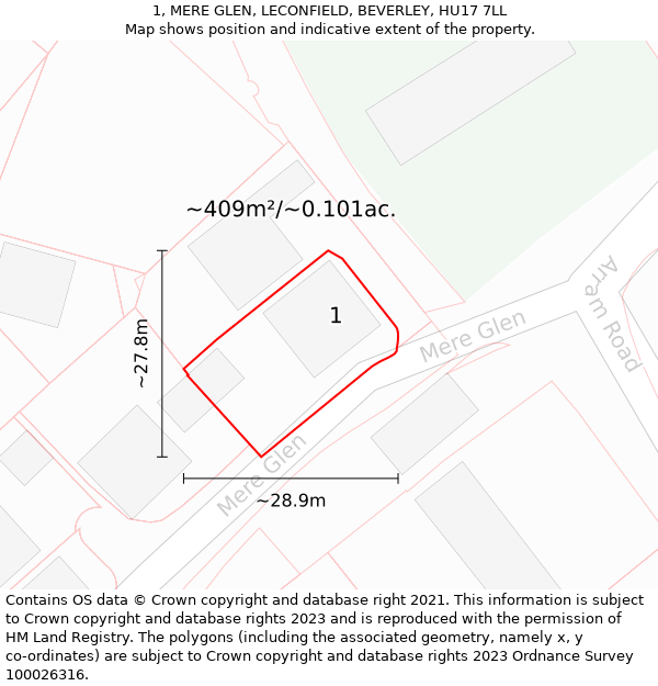 1, MERE GLEN, LECONFIELD, BEVERLEY, HU17 7LL: Plot and title map