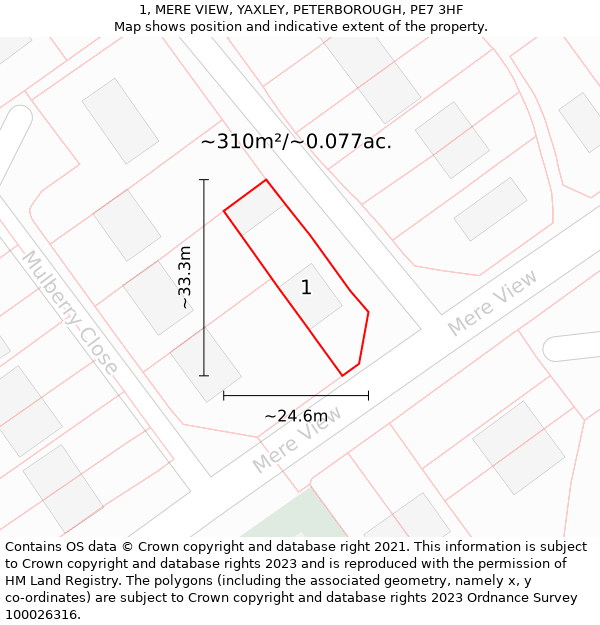 1, MERE VIEW, YAXLEY, PETERBOROUGH, PE7 3HF: Plot and title map