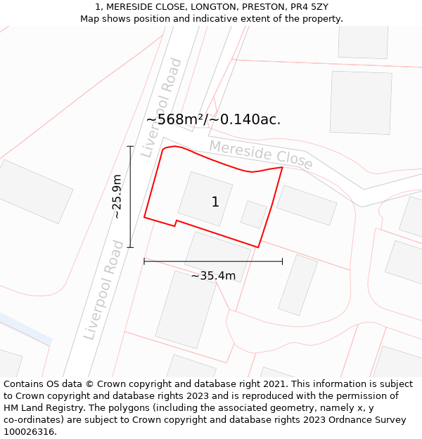 1, MERESIDE CLOSE, LONGTON, PRESTON, PR4 5ZY: Plot and title map