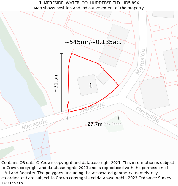 1, MERESIDE, WATERLOO, HUDDERSFIELD, HD5 8SX: Plot and title map