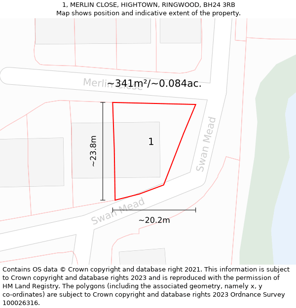 1, MERLIN CLOSE, HIGHTOWN, RINGWOOD, BH24 3RB: Plot and title map