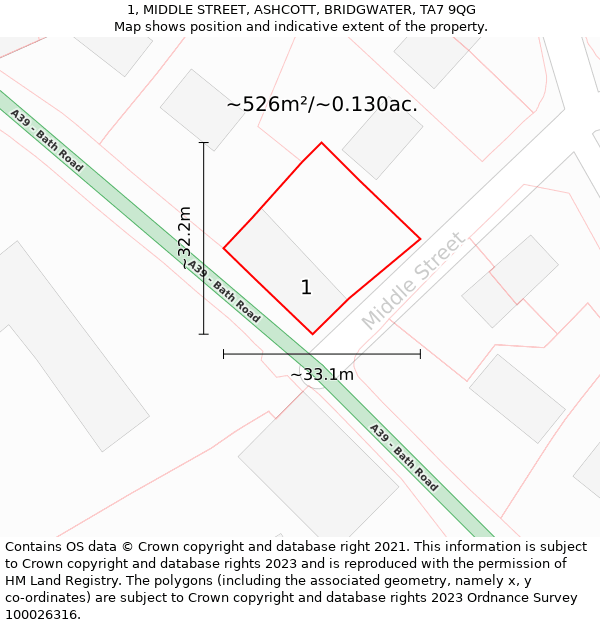 1, MIDDLE STREET, ASHCOTT, BRIDGWATER, TA7 9QG: Plot and title map