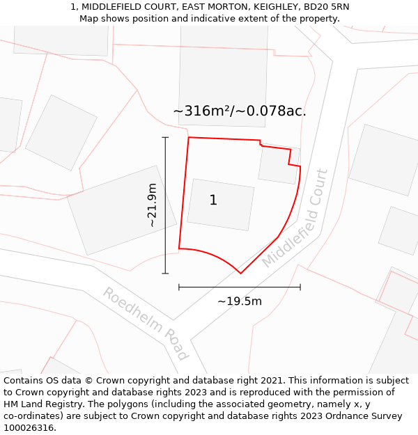 1, MIDDLEFIELD COURT, EAST MORTON, KEIGHLEY, BD20 5RN: Plot and title map