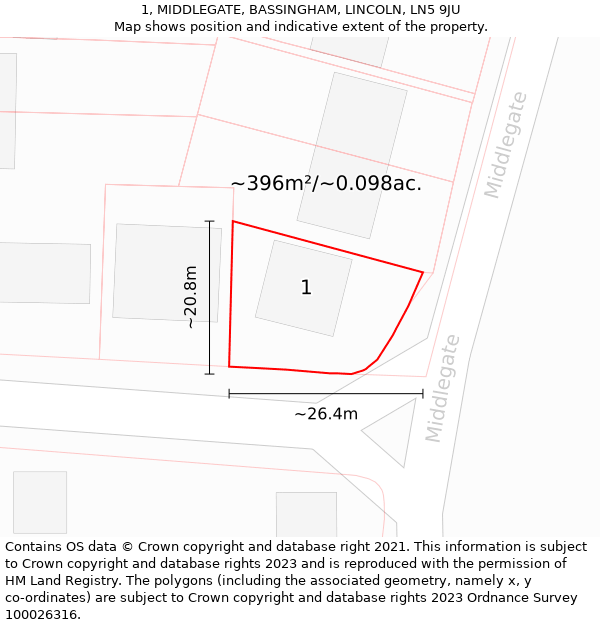 1, MIDDLEGATE, BASSINGHAM, LINCOLN, LN5 9JU: Plot and title map