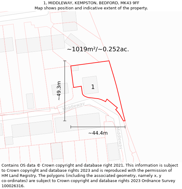 1, MIDDLEWAY, KEMPSTON, BEDFORD, MK43 9FF: Plot and title map