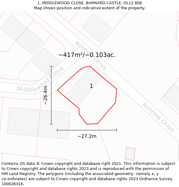 1, MIDDLEWOOD CLOSE, BARNARD CASTLE, DL12 8QE: Plot and title map