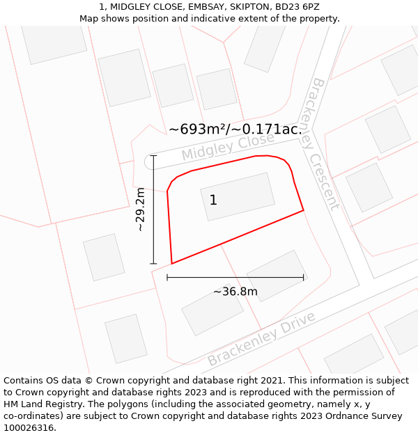 1, MIDGLEY CLOSE, EMBSAY, SKIPTON, BD23 6PZ: Plot and title map